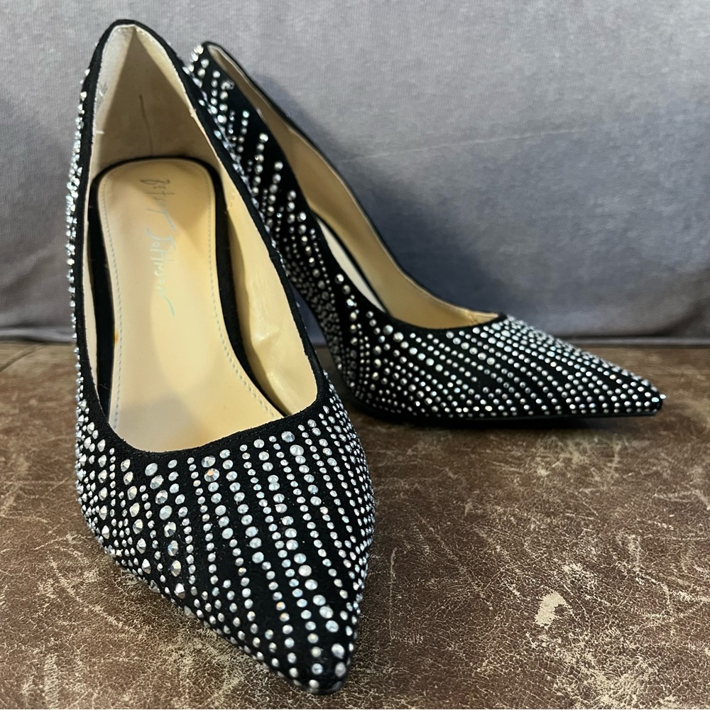 Betsey Johnson Alesi Shoes Women 7 M Black Studded Pointed Toe Silver 4" Heel‎
